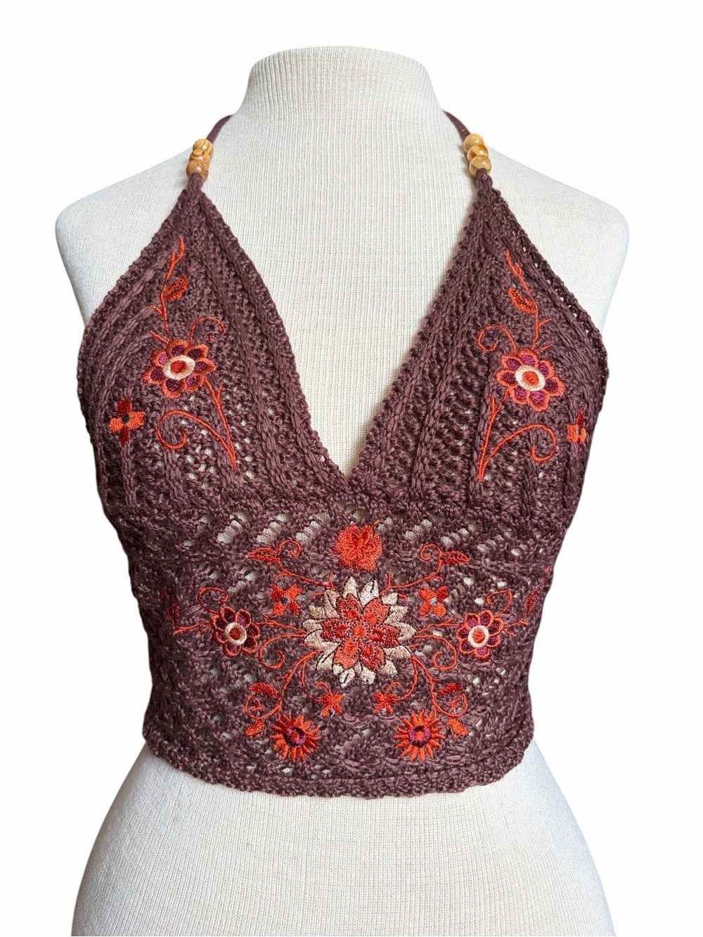 Y2K Crochet Brown Floral Babydoll Halter Festival Top